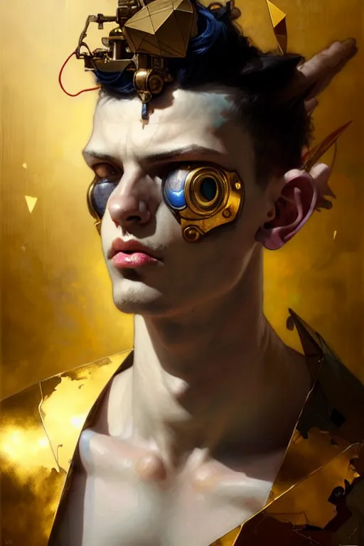 Image similar to portrait, male boy patchwork doll, cyberpunk, elegant baroque, expressive, asymmetrical art, hyperrealism, colorful, vivid, imposing, epic, abstract texture, gold leaf texture, artstation, concept art, by peter mohrbacher and wlop and rhads and artgerm and magali villeneuve and alphonse mucha