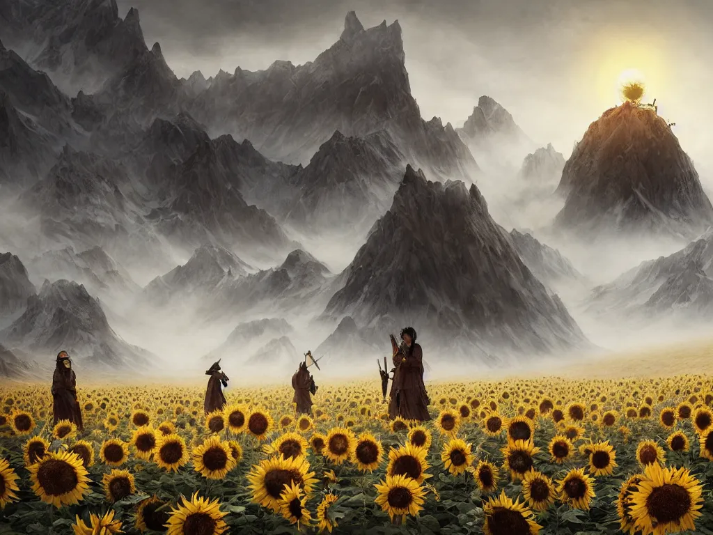 Image similar to a portrait of the mighty helianthus people, a nomadic mongolian tribe that worship the sunlight in a vast barren valley full of sunflowers that are withered dry, with glaciers peaking through fog in the distance, by Greg Rutkowski, Sung Choi, Mitchell Mohrhauser, Maciej Kuciara, Johnson Ting, Maxim Verehin, Peter Konig, Bloodborne, macro lens, 35mm, 8k photorealistic, cinematic lighting, HD, high details, atmospheric