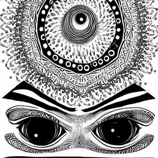 Prompt: A beautiful illustration a large eye that is looking directly at the viewer. The eye is composed of a myriad of colors and patterns, and it is surrounded by smaller eyes. The smaller eyes appear to be in a state of hypnosis, and they are looking in different directions. cosmic nebulae, Phoenician by Shintaro Kago, by Edgar Degas peaceful