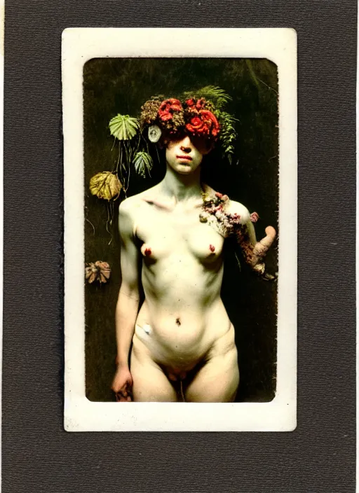 Prompt: beautiful and detailed rotten woman made of plants and many different types of flowers, muscles, intricate, organs, ornate, manet, gustave courbet, caravaggio, romero ressendi 1 9 1 0 polaroid photo