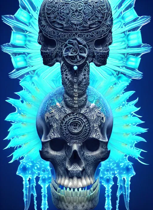 Image similar to 3 d shaman with tattoos profile portrait, sigma 5 0 0 mm f / 5. beautiful intricate highly detailed quetzalcoatl skull and feathers. bioluminescent, gradient background, plasma, frost, water, wind, creature, thunderstorm! artwork by tooth wu and wlop and beeple and greg rutkowski, 8 k trending on artstation,