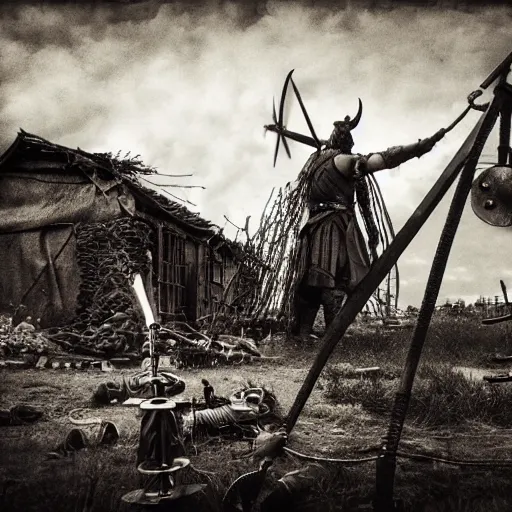 Prompt: wise angle photo of viking in armor working on the mechanical ancient device, tools and junk on the ground,wires and lights, old village in the distance, vintage old photo, black and white, sepia