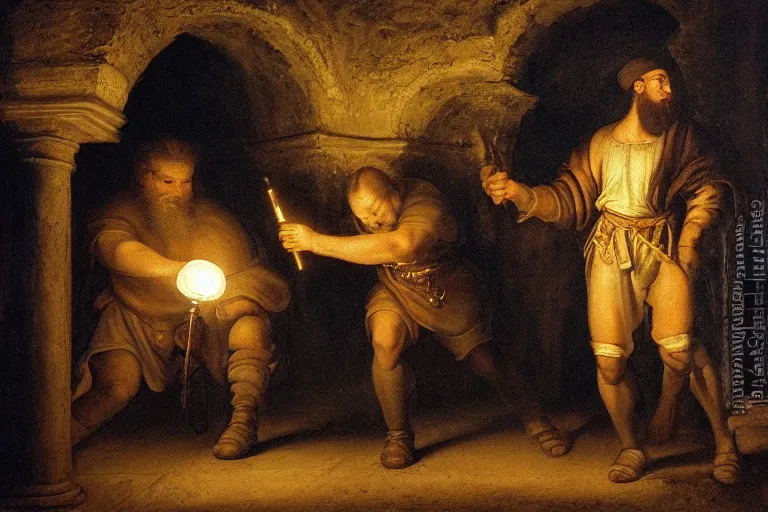 Prompt: a bearded man holds a torch and explores a Dungeon, luminous, Renaissance Painting