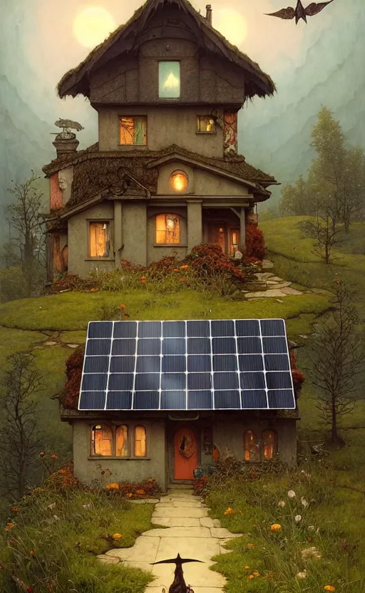 Image similar to a hyper realistic witchy cottage with solar panels on a tall hill, mountains, atmospheric lighting, lush foliage, painting by chiara bautista and tom bagshaw, mucha, beksinski and norman rockwell and greg rutkowski weta studio, and lucasfilm