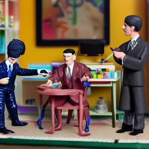 Prompt: stereoscopic image of alan turing discovering lsd, stop motion vinyl action figure, plastic, toy, butcher billy style