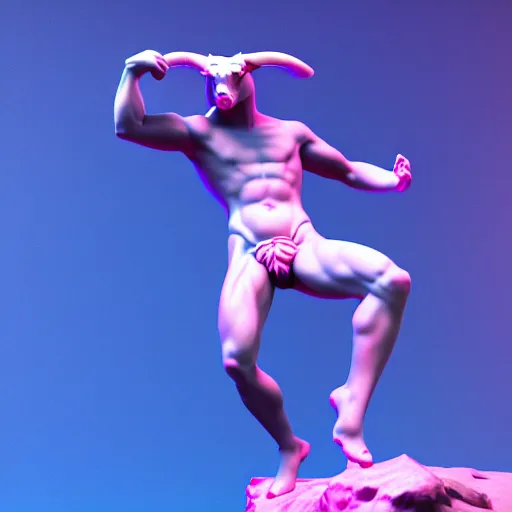 Prompt: unreal engine octane render houdini hyperreallistic render 8k marble statue of the bull minotaur vaporwave blue and pink neon background