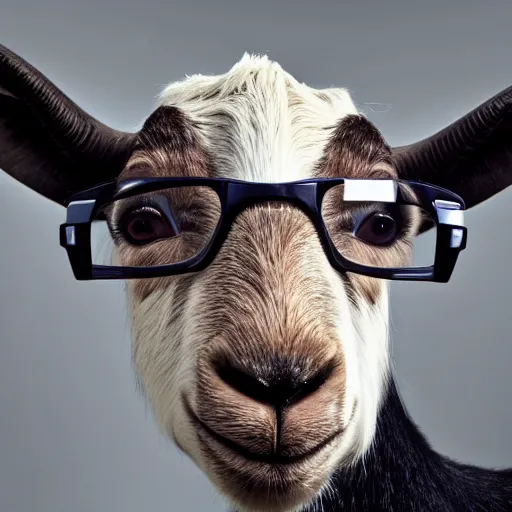 Prompt: front semi - closeup portrait of a smart goat in a suit wearing glasses hd, high resolution, annie leibovitz