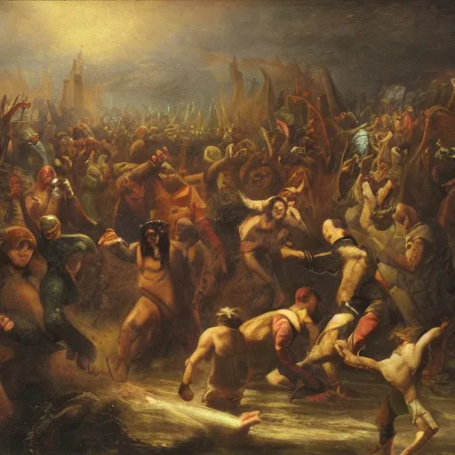 Image similar to a crowd of people banish a demon, horror art