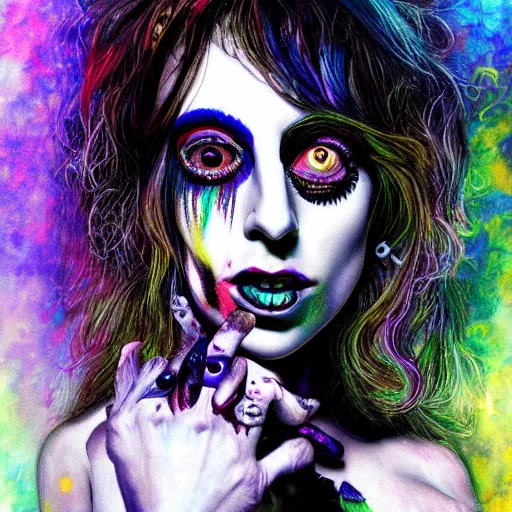 Prompt: an extremely psychedelic portrait of lady gaga as alice cooper, surreal, lsd, face, detailed, intricate, elegant, lithe, highly detailed, digital painting, artstation, concept art, smooth, sharp focus, illustration,