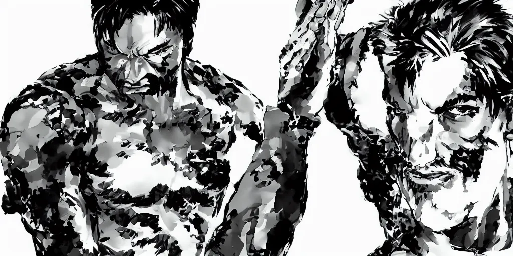 Image similar to a full - body portrait of chow yun - fat, in yoji shinkawa's art style, metal gear solid art style highly detailed, 4 k, artistic, white background, b & w