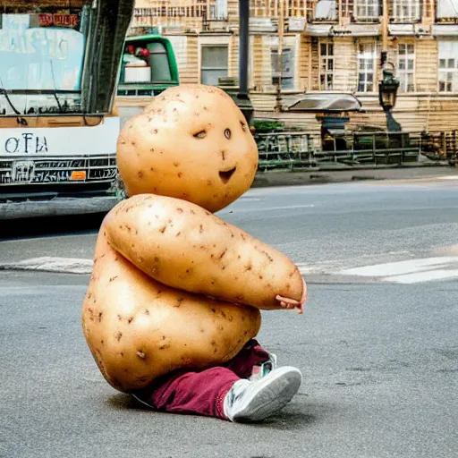 Prompt: a potato man in the middle of the city breakdancing