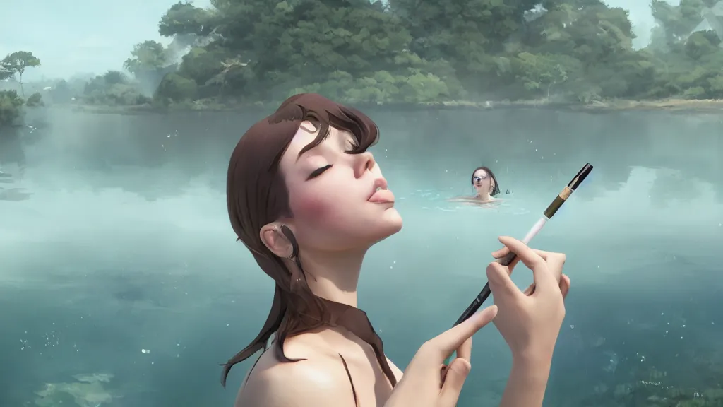 Image similar to whimsical, beautiful playful women, wearing professional makeup, standing in a lake, smoking, under a binary black hole with a ring, by Studio Ghibli, by Greg Rutkowski, by Steve Argyle, face enhance, volumetric lighting, 4k resolution, octane render, trending on artstation