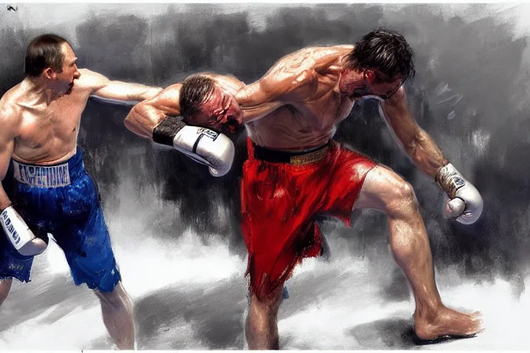Prompt: jesus christ boxing vs vladimir putin, fist fight, detailed faces, putin face, in battle by anders zorn, wonderful, masterpiece by greg rutkowski, beautiful cinematic light, by greg manchess, jessica rossier
