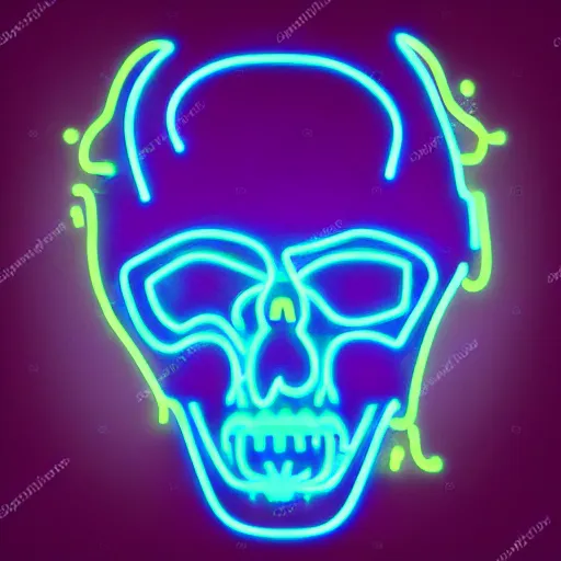 Image similar to cybernetic human scull with with devil horns , blue neon light and smoke and purple lighting