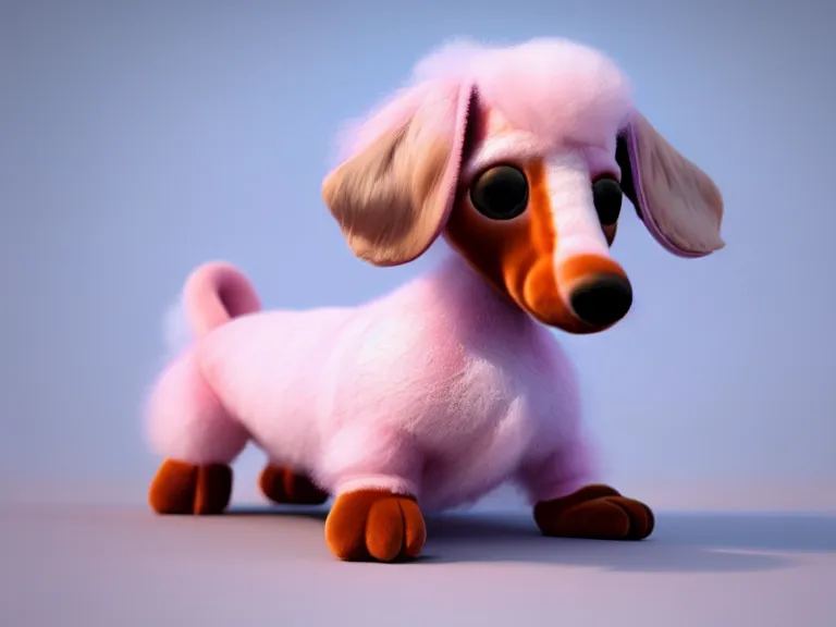 Image similar to high quality 3 d render hyperrealist very cute multipastel very fluffy smooth dachshund plush mascot, photo from the side, vray, smooth in the background, artstation, ultra detailed, octane render