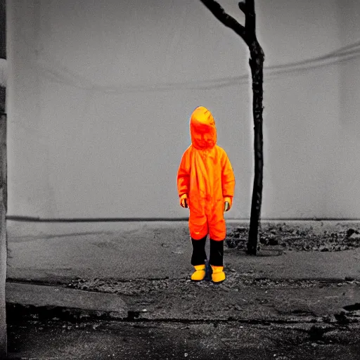 Prompt: a child wearing an orange hazmat suit on a post-war era street, dark smoke in the background, filthy streets, broken cars. Vines growing. Jpeg artifacts. Award-winning photo. Samyang/Rokinon Xeen 50mm T1.5