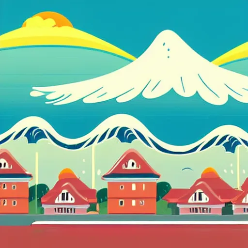 Image similar to giant tsunami wave that is 20 miles high, approaching about to crash into a small coastal town. miniature buildings compared to giant waves are so tall, they seem to touch the sky, large scale image, cartoon color drawing vector illustration, 2d photorealistic flat anime style