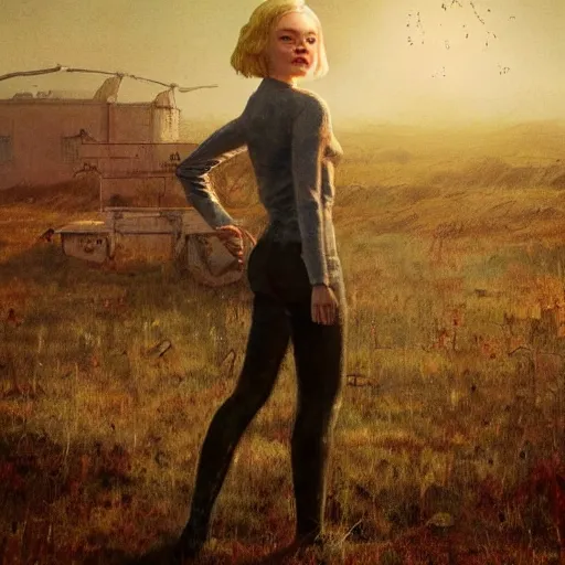 Prompt: Elle Fanning in the painted world of Fallout 3, head and shoulders masterpiece, apocalypse, golden hour, cosmic horror, artstation, in the style of Andrew Wyeth and Edward Hopper and Bosch, extremely detailed