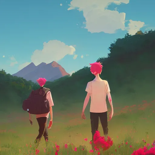 Image similar to two teen boys, pink haired, red haired, flower fields and mountains in the background, digital painting, artstation, highly detailed, by makoto shinkai and thomas kindle and James gilleard