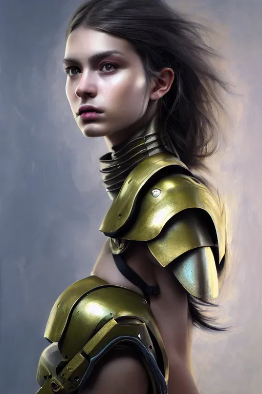 Image similar to a photorealistic painting of an attractive young girl, partially clothed in metal-plated battle armor, olive skin, long dark hair, beautiful bone structure, symmetrical face, perfect eyes, intricate, elegant, digital painting, concept art, illustration, sharp focus, minimal artifacts, from Metal Gear, in the style of Ruan Jia and Mandy Jurgens, by Greg Rutkowski, trending on Artstation, award winning