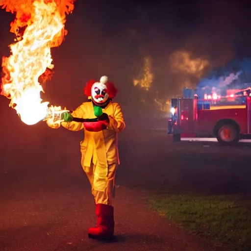 Image similar to photo of a clown using a flamethrower projecting a long bright flame towards a dumpster fire