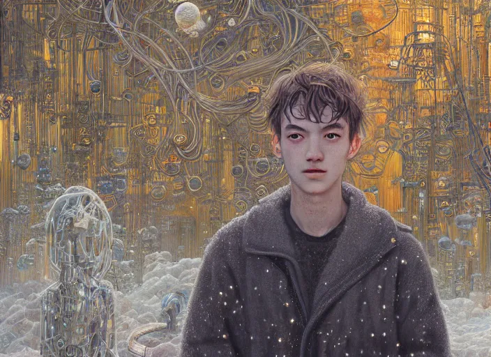 Prompt: portrait of man outside metal cityscape with ice crystals, cynical realism, painterly, yoshitaka amano, miles johnston, moebius, beautiful lighting, miles johnston, klimt, tendrils, in the style of, louise zhang, victor charreton, james jean, two figures