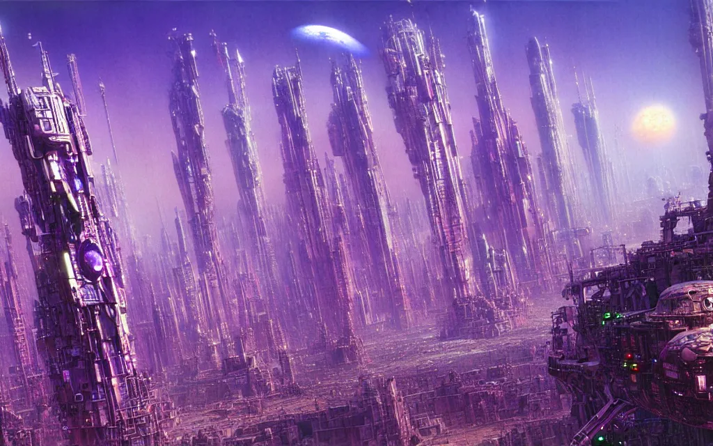 Prompt: a futurist cybernetic purple city, future perfect, award winning digital art by alan bean and bruce pennington