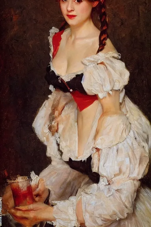 Image similar to Louis Marie De Schryver and Solomon Joseph Solomon and Richard Schmid and Jeremy Lipking victorian genre painting full length portrait painting of a young beautiful woman traditional german french barmaid in fantasy costume, red background