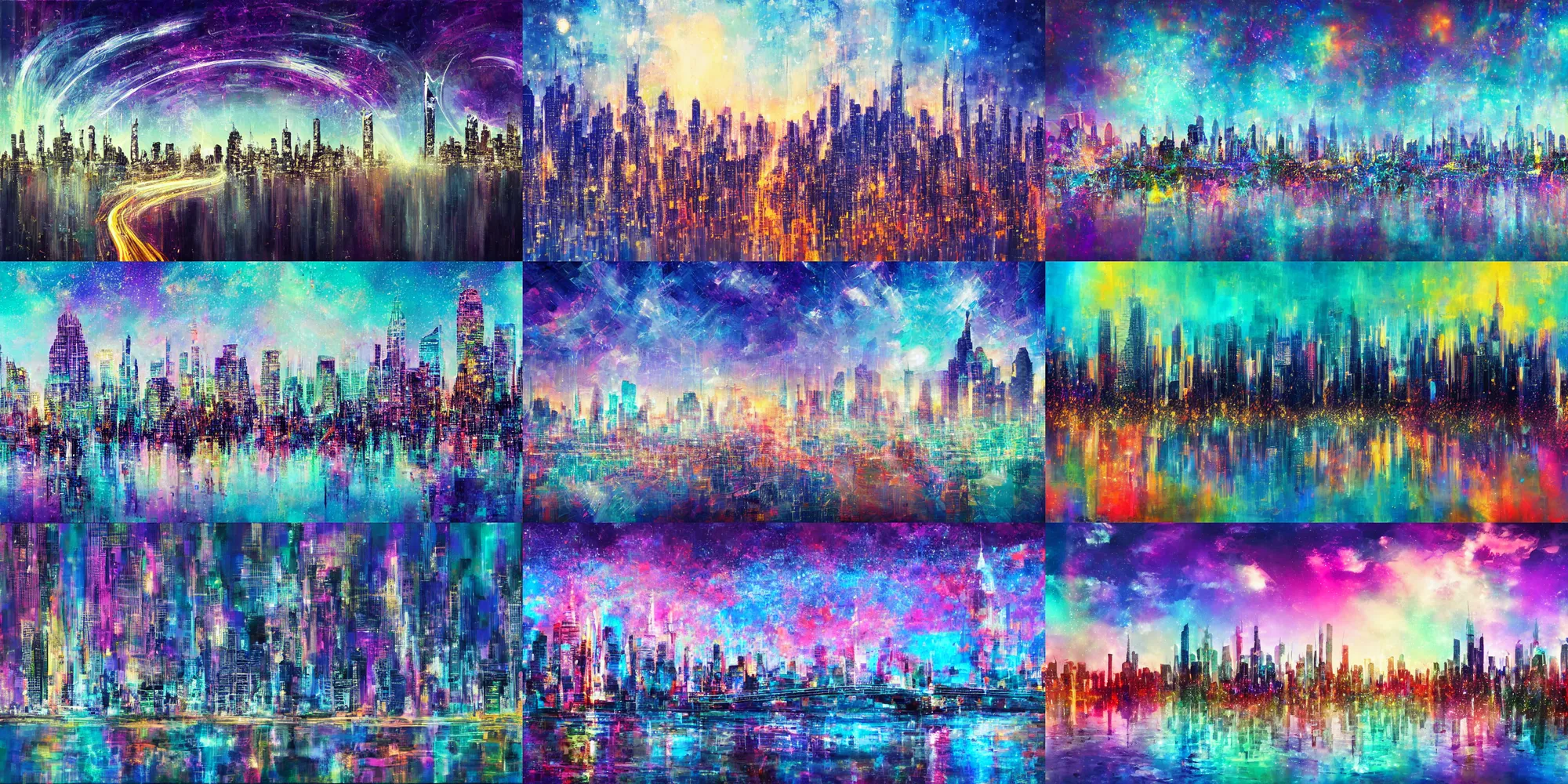 Image similar to art by ai artificial - intelligence [ limitless inspiration and awe ] + [ the transcendent experience of pure joy and happiness ] + [ city skyline ]