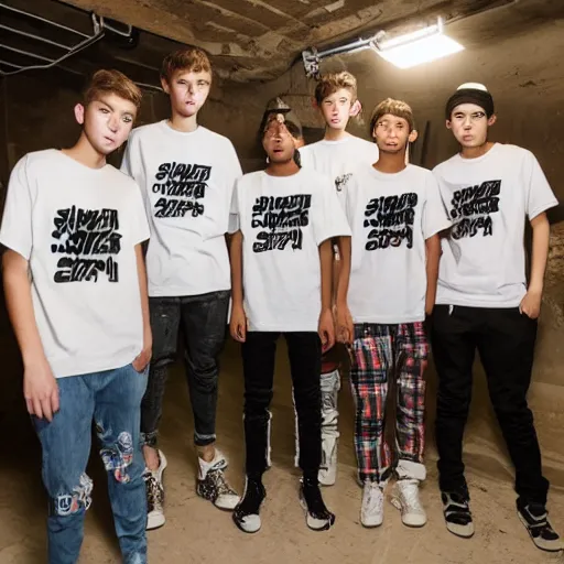 Image similar to teens wearing streetwear screenprinting shirts in their basement.