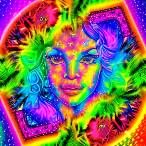 Image similar to a holographic sticker in the style of lisa frank and alex grey