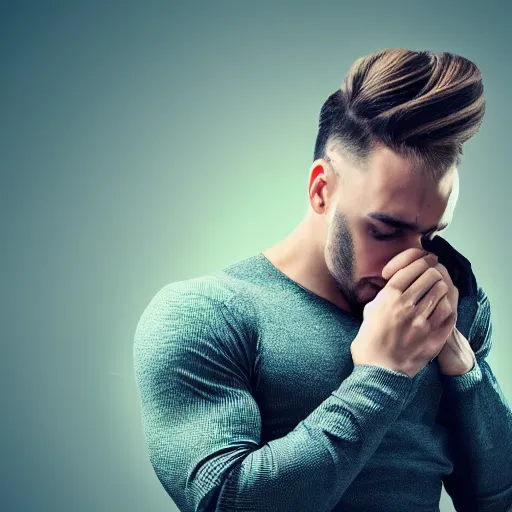 Image similar to sad and tearful and crying professional millennial muscular man with feminine beehive hairstyle