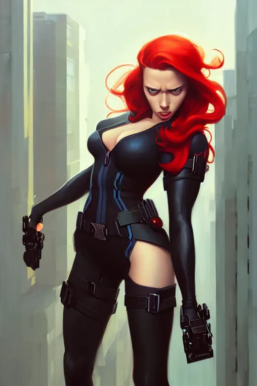 Image similar to peter mohrbacher, phil noto, artgerm, pretty scarlett johansson black widow, symmetrical eyes, long red hair, city rooftop