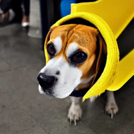 Prompt: bright yellow beagle in a subway