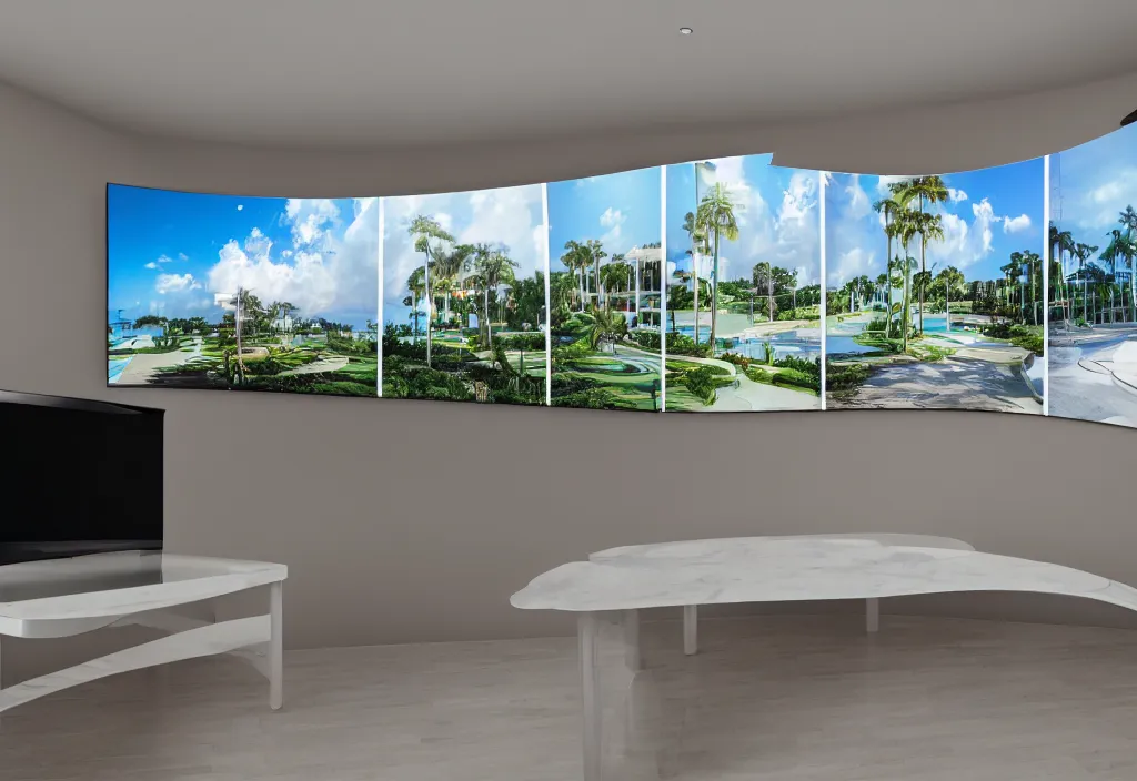 Prompt: curved transparent tv florida weathermap, volumetric lighting, bedroom, visor, users, pair of keycards on table, bokeh, creterion collection, shot on 7 0 mm, instax