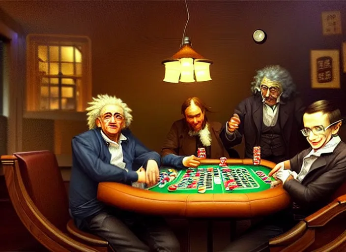 Image similar to playing poker in a saloon, Isaac Newton and Stephen Hawking and Albert Einstein, by Mandy Jurgens, trending on artstation, Richard Schmid and norman rockwell