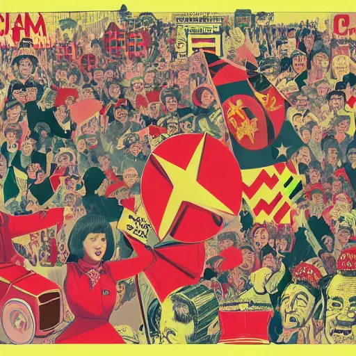 Image similar to a communist revolution in Candy Land, 1960s illustration, high quality, collage in the style of Klaus Voormann and Chinese Propaganda, album cover