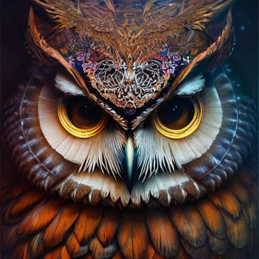 Prompt: a ultradetailed beautiful concept art of a an intricate wooden mask of an owl painted with beautiful colors, but the mask hide some dark secret, photorealism, sharp details, high resolution 4 k, by tom bagshaw, greg rutkowski, charli bowater and artgeem