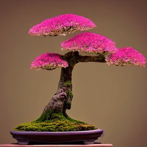 Image similar to A picture of a planet of various flowers, fungus and plants, Bonsai , in which the human figure is dressed in something magical and impressive, inside the picture is infinity, muted light, BotanicalAtmospheric phenomenon, artistic photography, muted colors, conceptual, Kodachrome