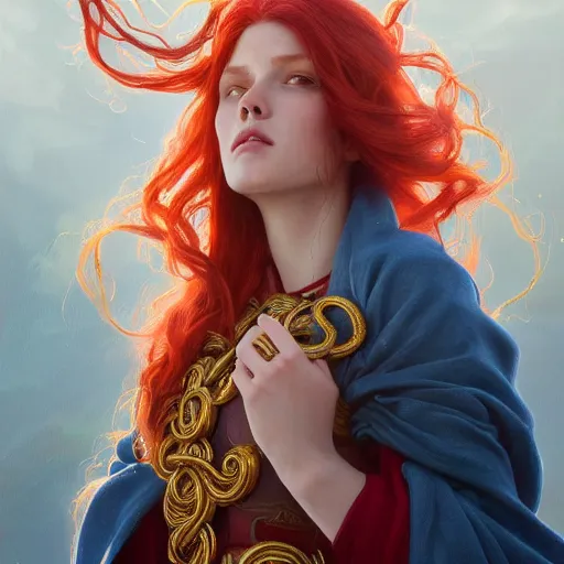 Image similar to highly detailed painting of a red-haired young woman wearing a blue tunic, in a field of golden tentacles, octane render, trending on artstation, by Artgerm,Greg Rutkowski,Alphonse Mucha, 4k resolution