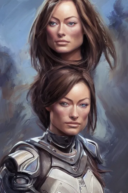 Image similar to a professional painting of a young Olivia Wilde, clothes in military armor, olive skin, long dark hair, beautiful bone structure, symmetrical facial features, intricate, elegant, digital painting, concept art, smooth, sharp focus, illustration, from StarCraft by Ruan Jia and Mandy Jurgens and Artgerm and William-Adolphe Bouguerea