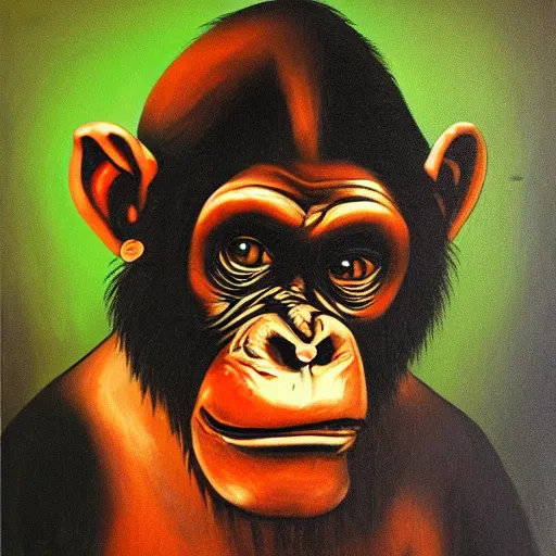 Image similar to portre of an autistic demonic chimpanzee on acid, masonic and kabalistic symbols in background, oil painting