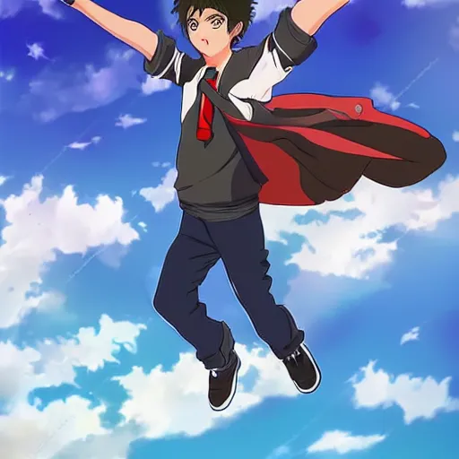teenage boy flying in the air realistic anime art style, Stable Diffusion