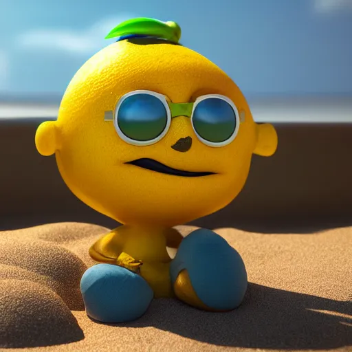 Prompt: a supercute lemon cartoon character, that is fit and good looking, it's is relaxing on a beach, inspired by dalle - 2, octane render, 3 d, volumetric lightening,