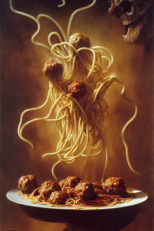 Prompt: plate of spaghetti and meatballs in the style of wayne barlowe, gustav moreau, goward, bussiere, roberto ferri, santiago caruso, luis ricardo falero, dali