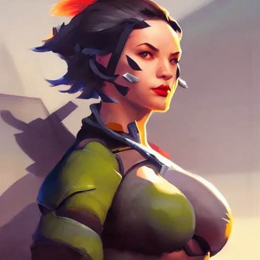 Image similar to Greg Manchess portrait painting of Rogue as Overwatch character, medium shot, asymmetrical, profile picture, Organic Painting, sunny day, Matte Painting, bold shapes, hard edges, street art, trending on artstation, by Huang Guangjian and Gil Elvgren and Sachin Teng