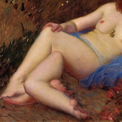 Prompt: a young person, half male and half female, gaston bussiere, reclining