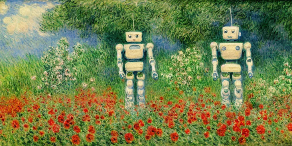 Image similar to a robot standing on flower garden looking small with many kinds flower arround him, watercolor art, 1 8 8 0 s, calude monet style, colorfule, hd, uhd