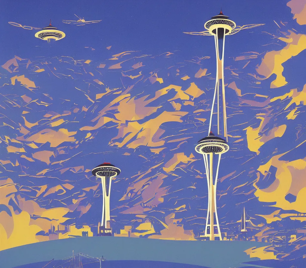 Prompt: angels over the seattle space needle, modernism, gouache, animated film, stylised, illustration, by eyvind earle, scott wills, genndy tartakovski, syd mead