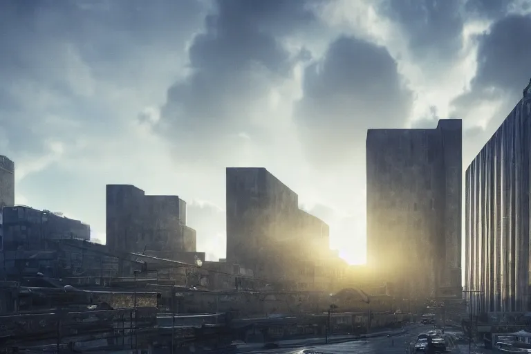 Image similar to streetscape, a towering cathedral of brutalist architecture, buildings covered with greebles, stunning volumetric light, sunset, metal, concrete and translucent material, stunning skies, majestic landscape, trending on Artstation, 8k, photorealistic, hyper detailed, unreal engine 5, IMAX quality, cinematic, epic lighting, in the style of Greg Rutkowski